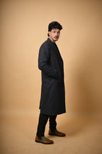 baraqah black with white line check winter overcoat for men