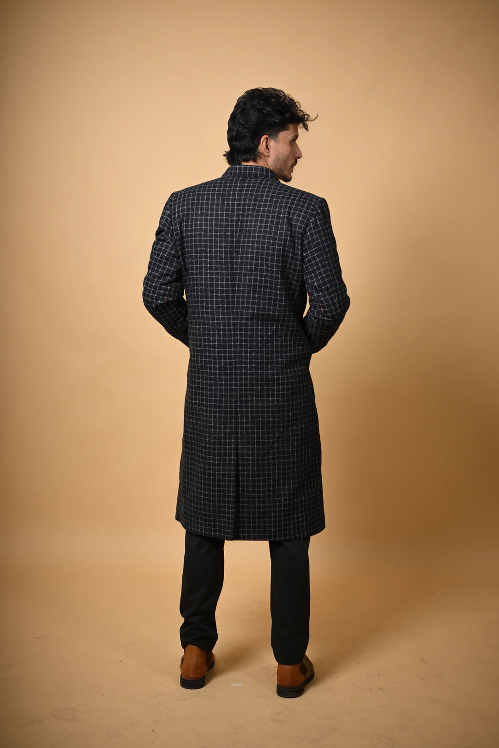 baraqah black with white line check winter overcoat for men