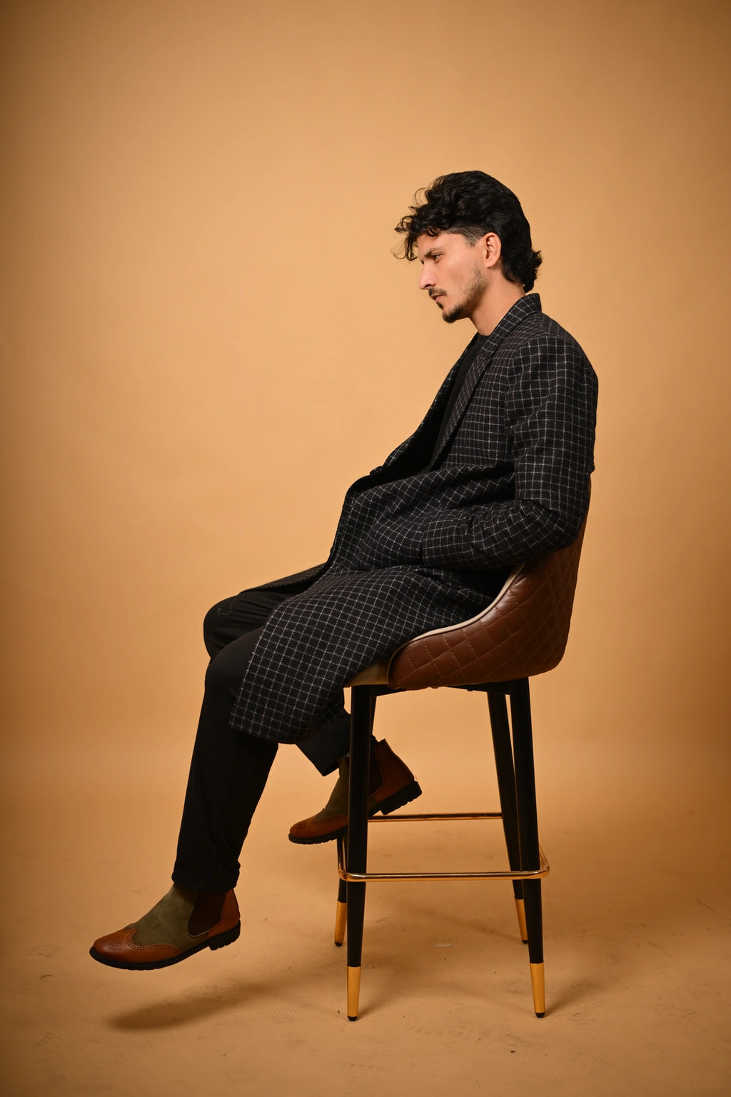 baraqah black with white line check winter overcoat for men