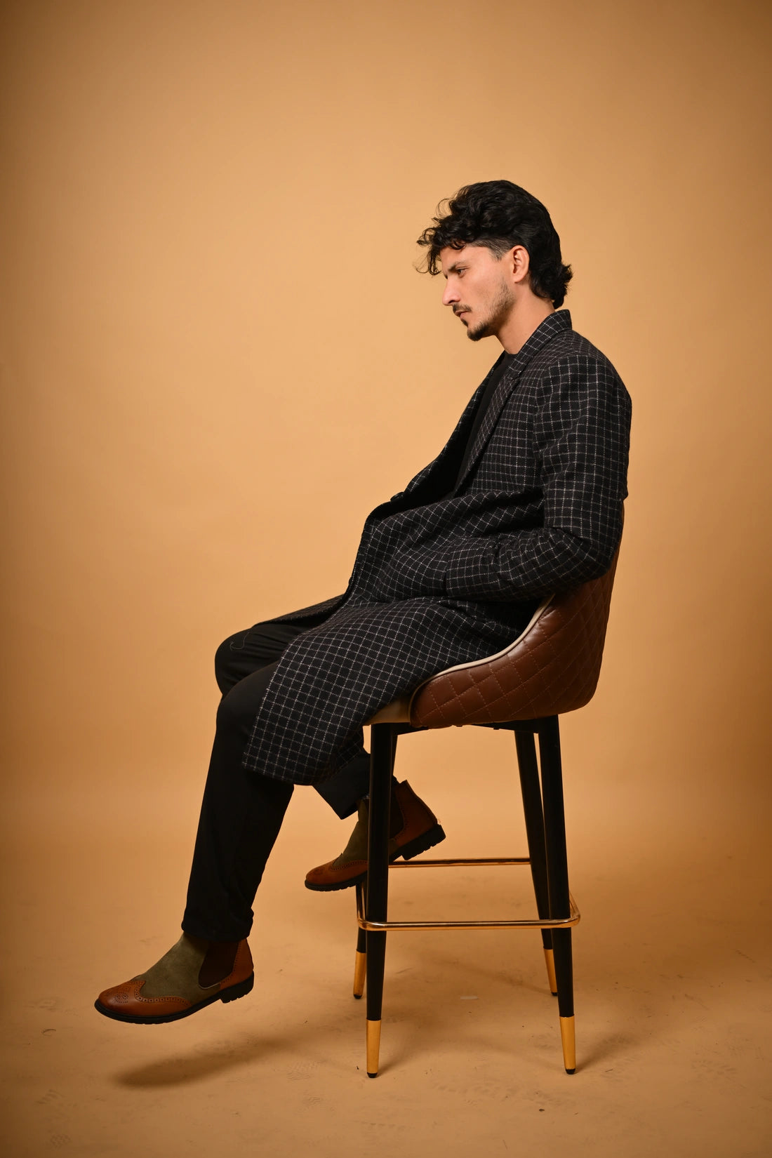 baraqah black with white line check winter overcoat for men