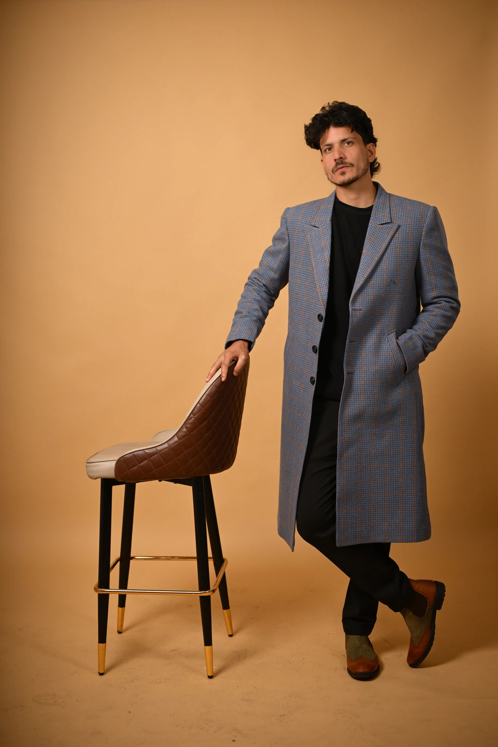 baraqah blue check winter overcoat for men