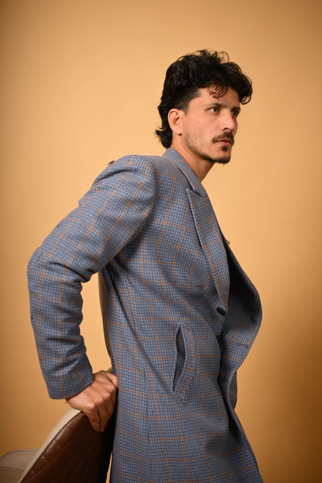 baraqah blue check winter overcoat for men
