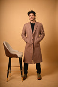 baraqah Soft Camel Brown Herringbone winter overcoat for men
