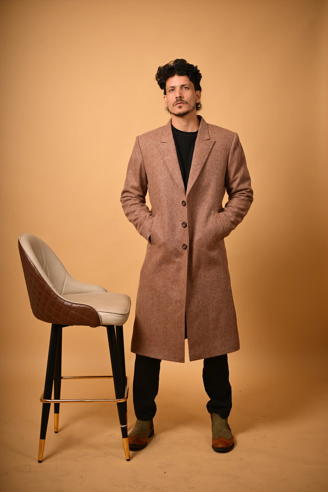 baraqah Soft Camel Brown Herringbone winter overcoat for men