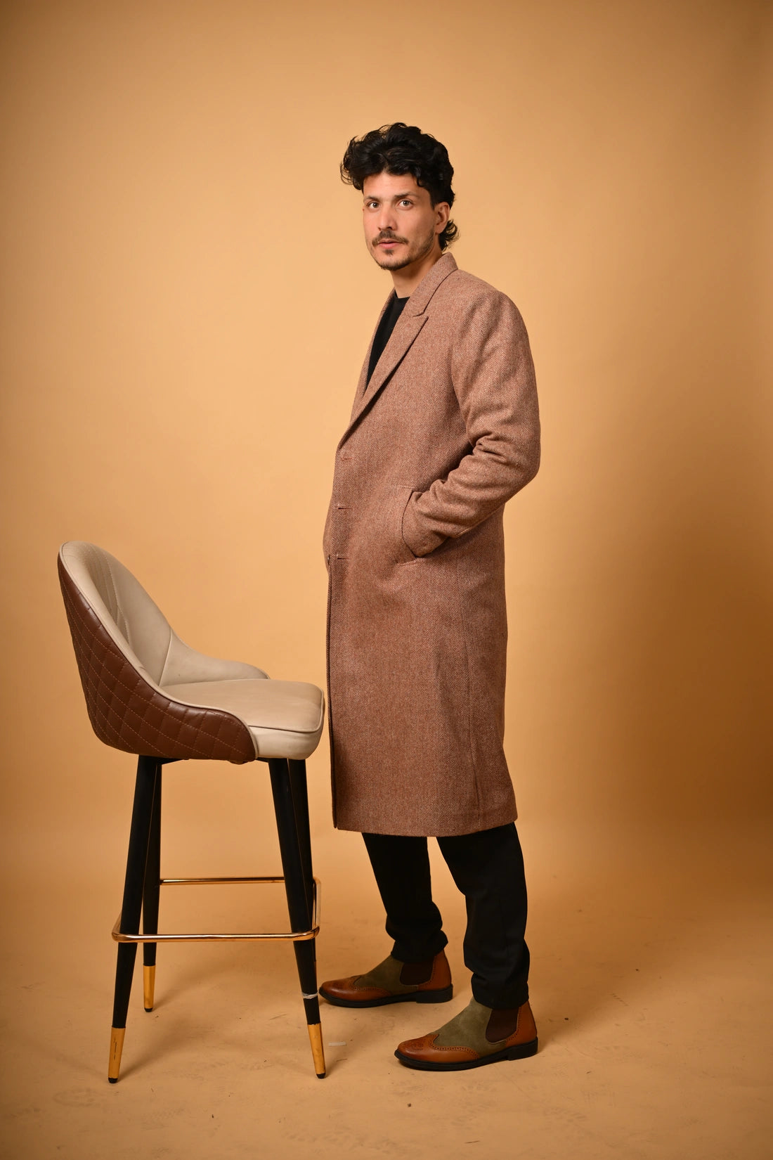 baraqah Soft Camel Brown Herringbone winter overcoat for men