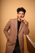 baraqah Soft Camel Brown Herringbone winter overcoat for men