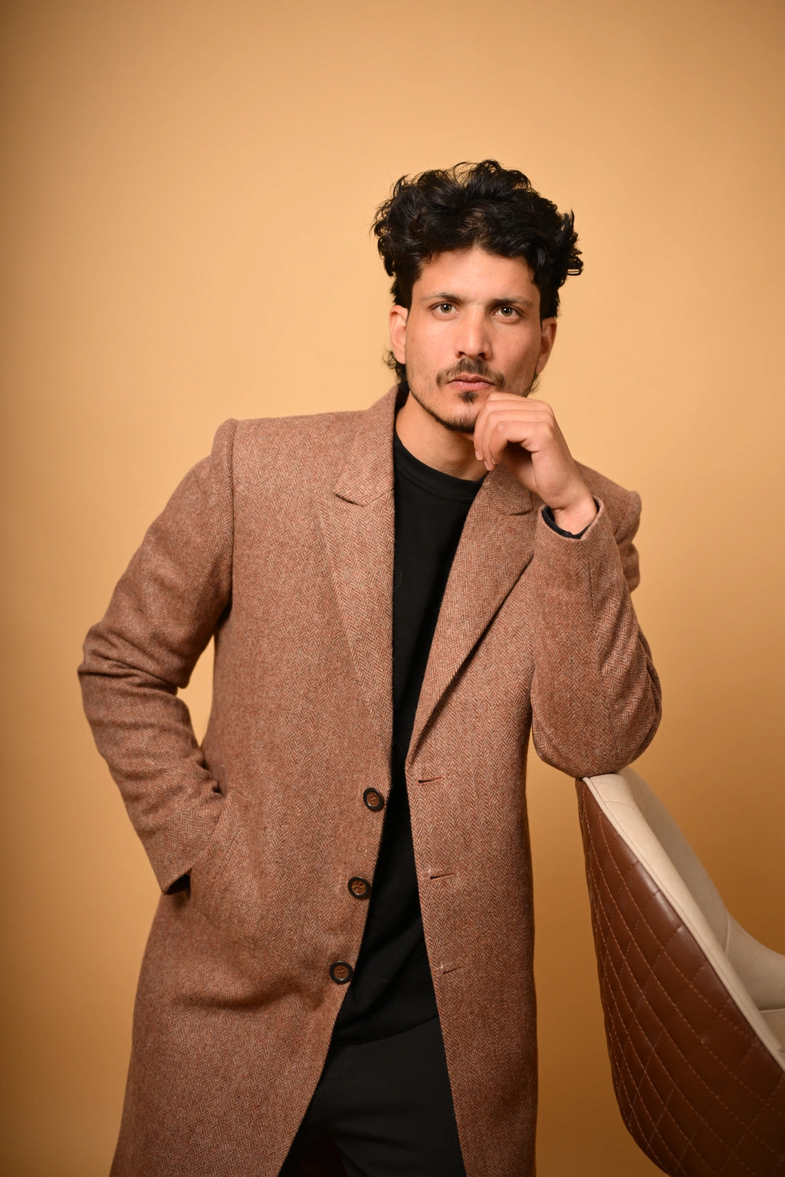 baraqah Soft Camel Brown Herringbone winter overcoat for men