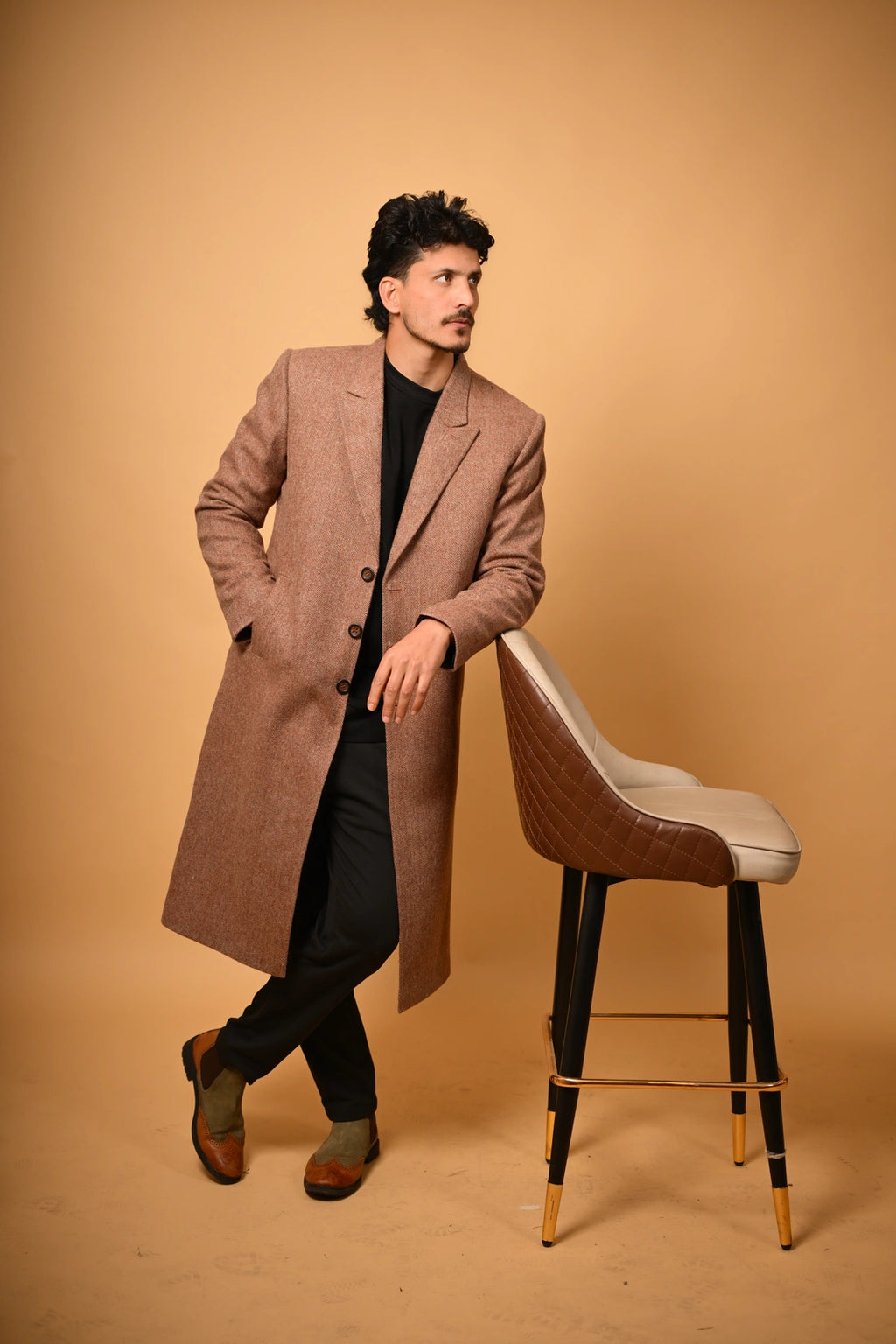 baraqah Soft Camel Brown Herringbone winter overcoat for men