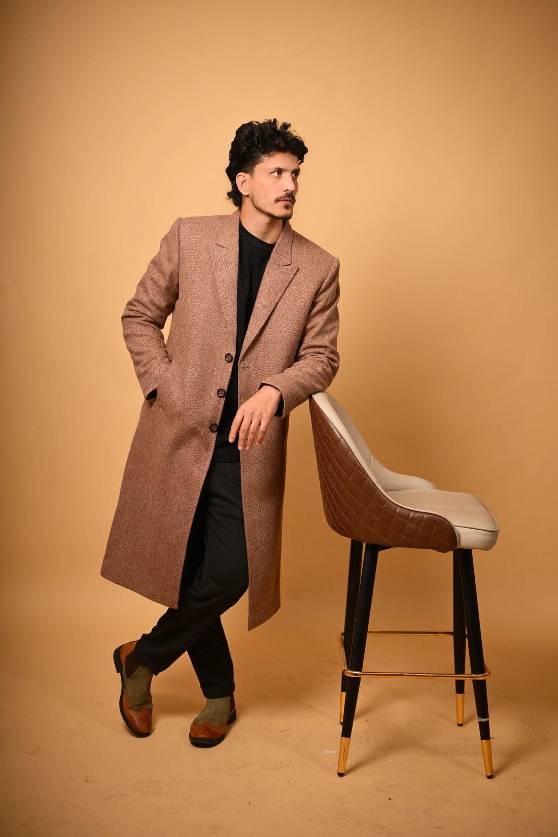 baraqah Soft Camel Brown Herringbone winter overcoat for men