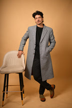 Sky Blue with Black Mini Check Woollen Overcoat for men 
