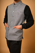 Sky Blue With Black Mini Check Woollen Waistcoat for men

