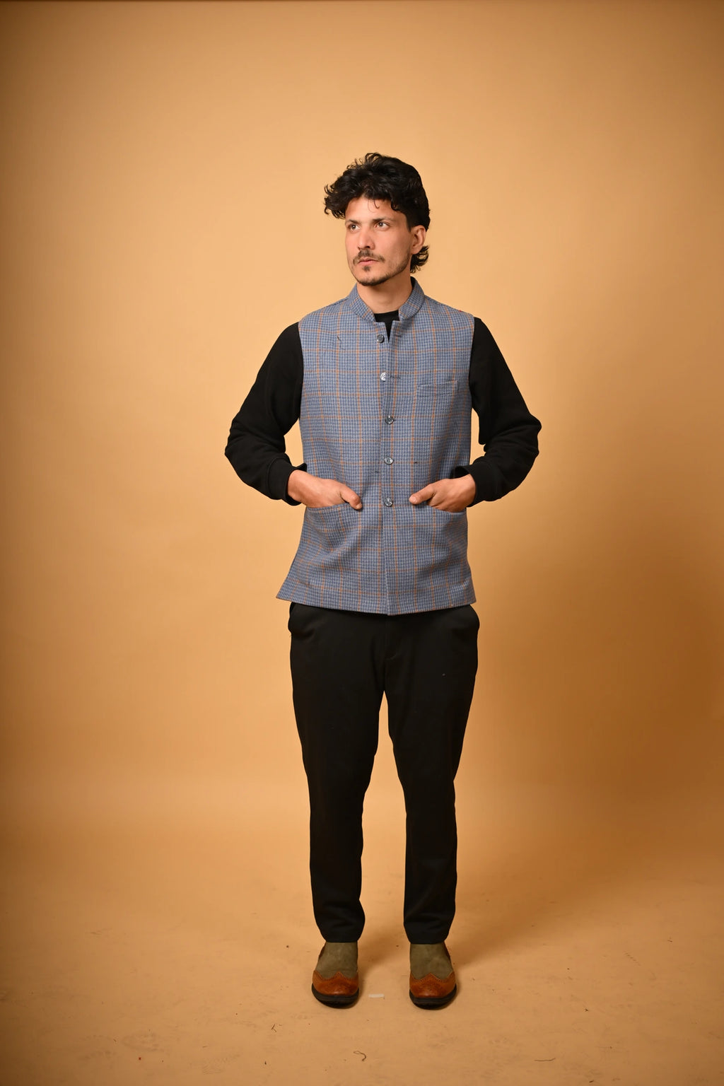 Dusty Blue with Tan Houndstooth Woollen Waistcoat for men 