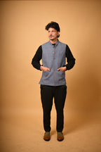 Dusty Blue with Tan Houndstooth Woollen Waistcoat for men 
