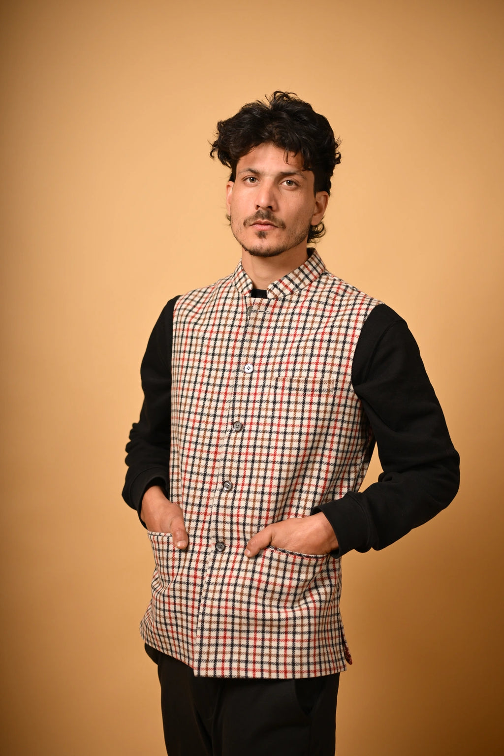 Soft Camel Brown Herringbone Woollen Waistcoat for men

