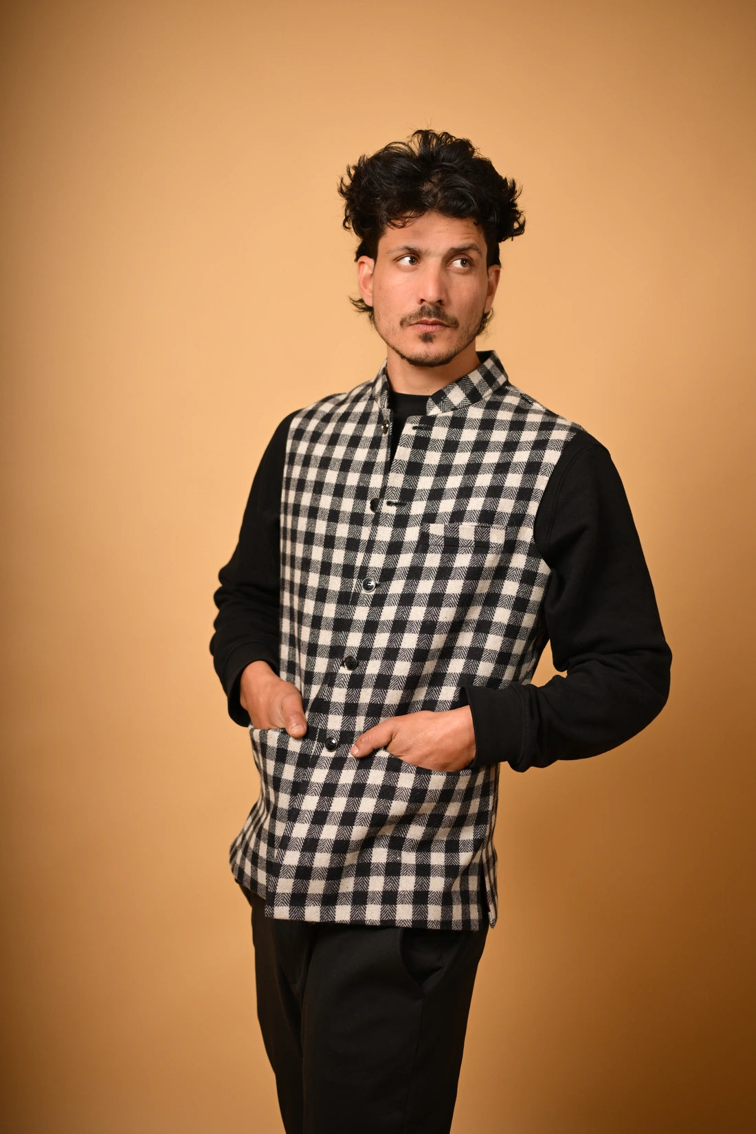 Black With White Bold Check Woollen Waistcoat for men
