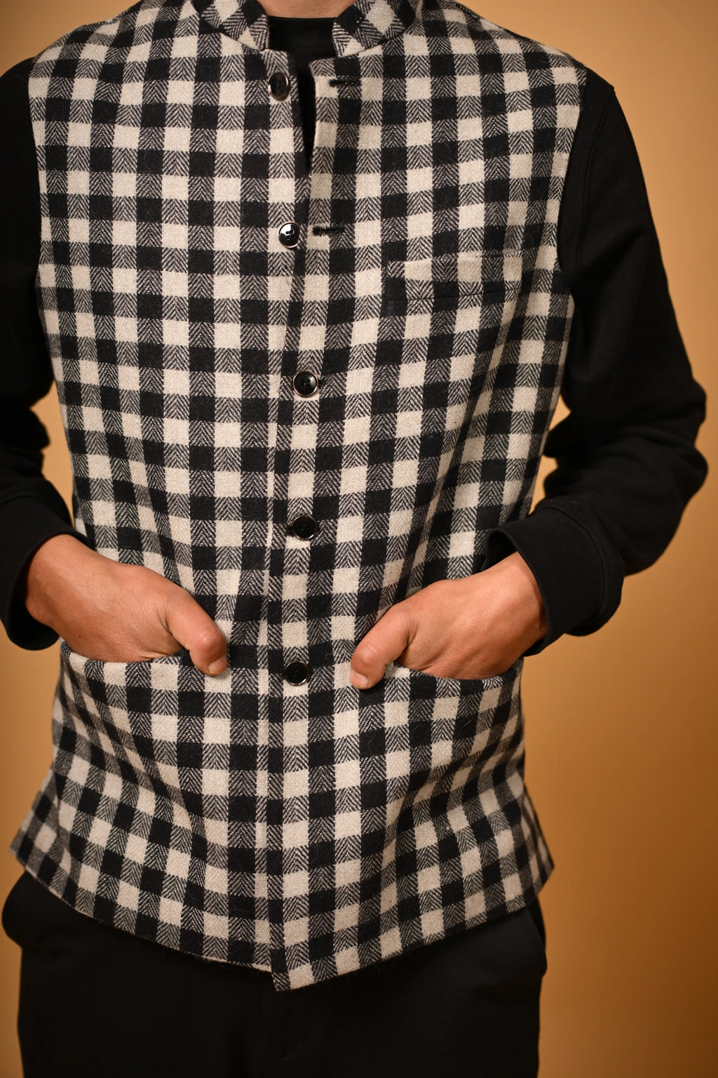 Black With White Bold Check Woollen Waistcoat for men

