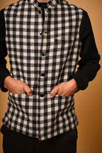 Black With White Bold Check Woollen Waistcoat for men
