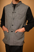 Grey With Black Mini Houndstooth Woollen Waistcoat for men
