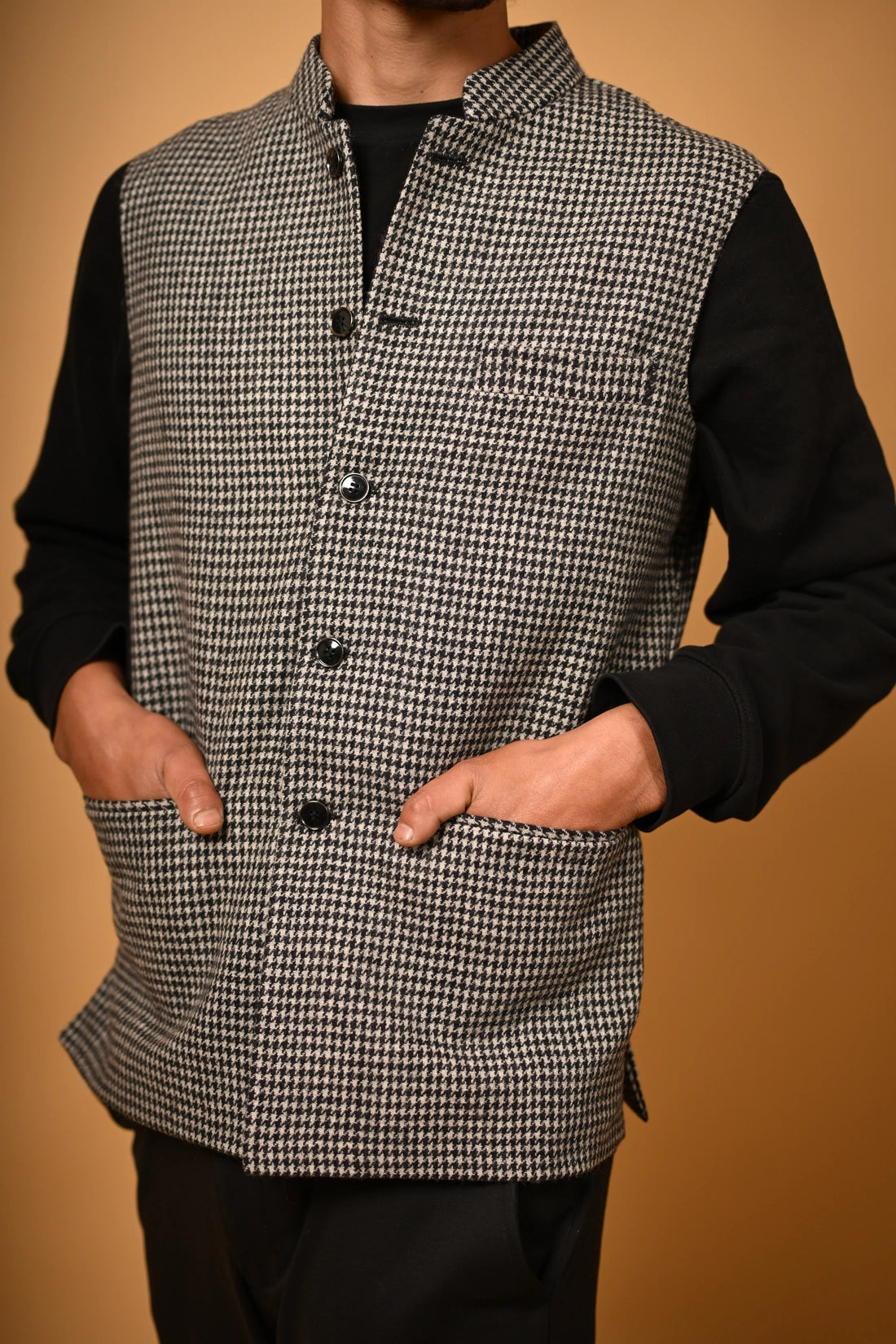 Grey With Black Mini Houndstooth Woollen Waistcoat for men

