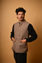 Warm Beige with Brown Pinstripes Woollen Waistcoat for men 
