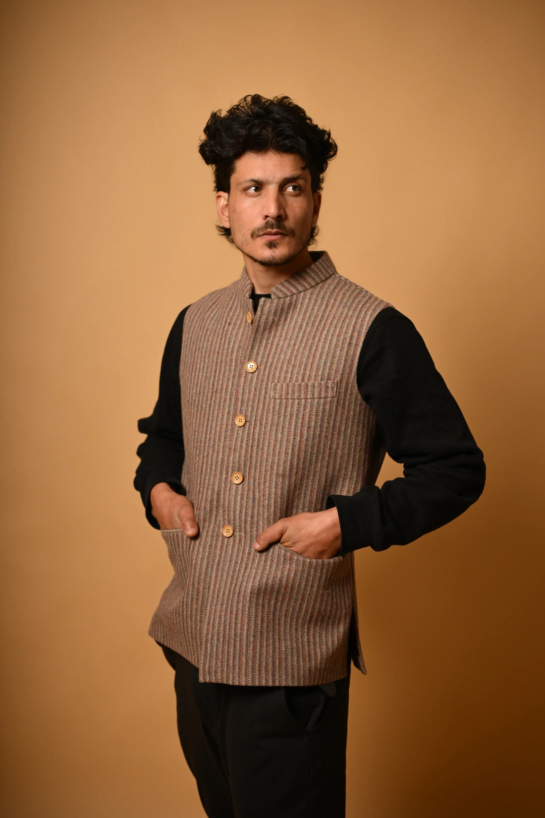 Warm Beige with Brown Pinstripes Woollen Waistcoat for men 
