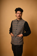 Brown with Black Glen Check Woollen Waistcoat for men
