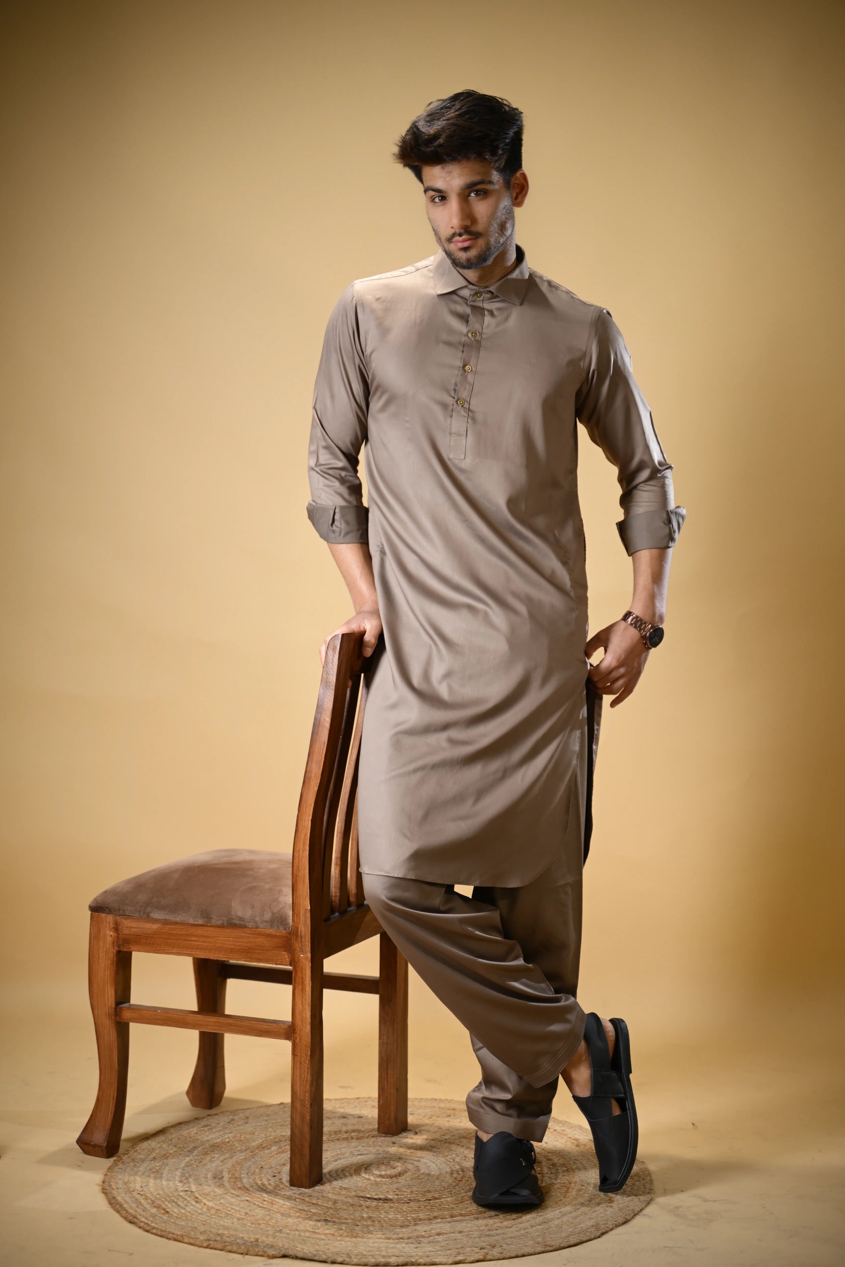 Earthy Brown Luma Shirt Collar Kameez Shalwar