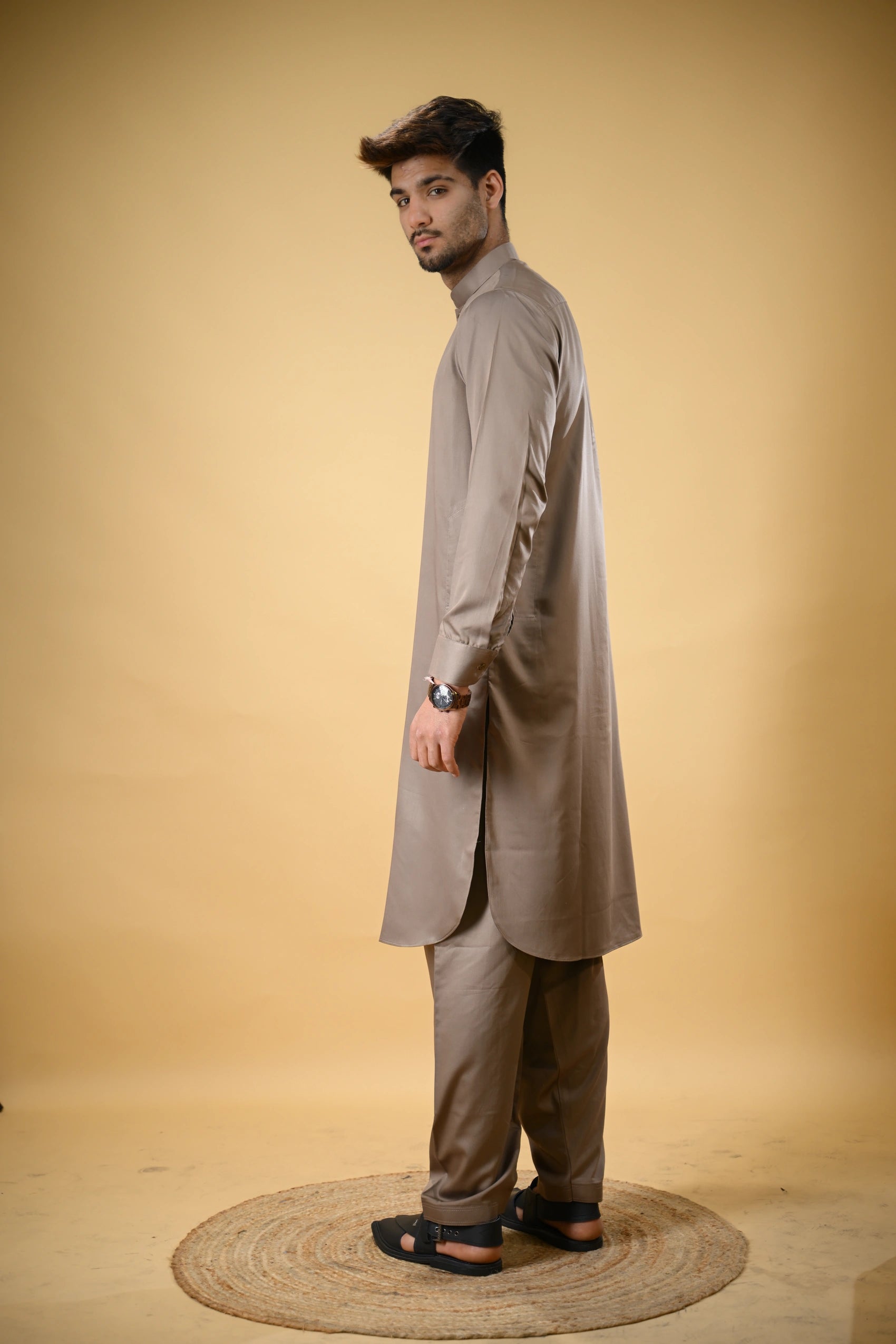 Earthy Brown Luma Mandarin Collar Kameez Shalwar