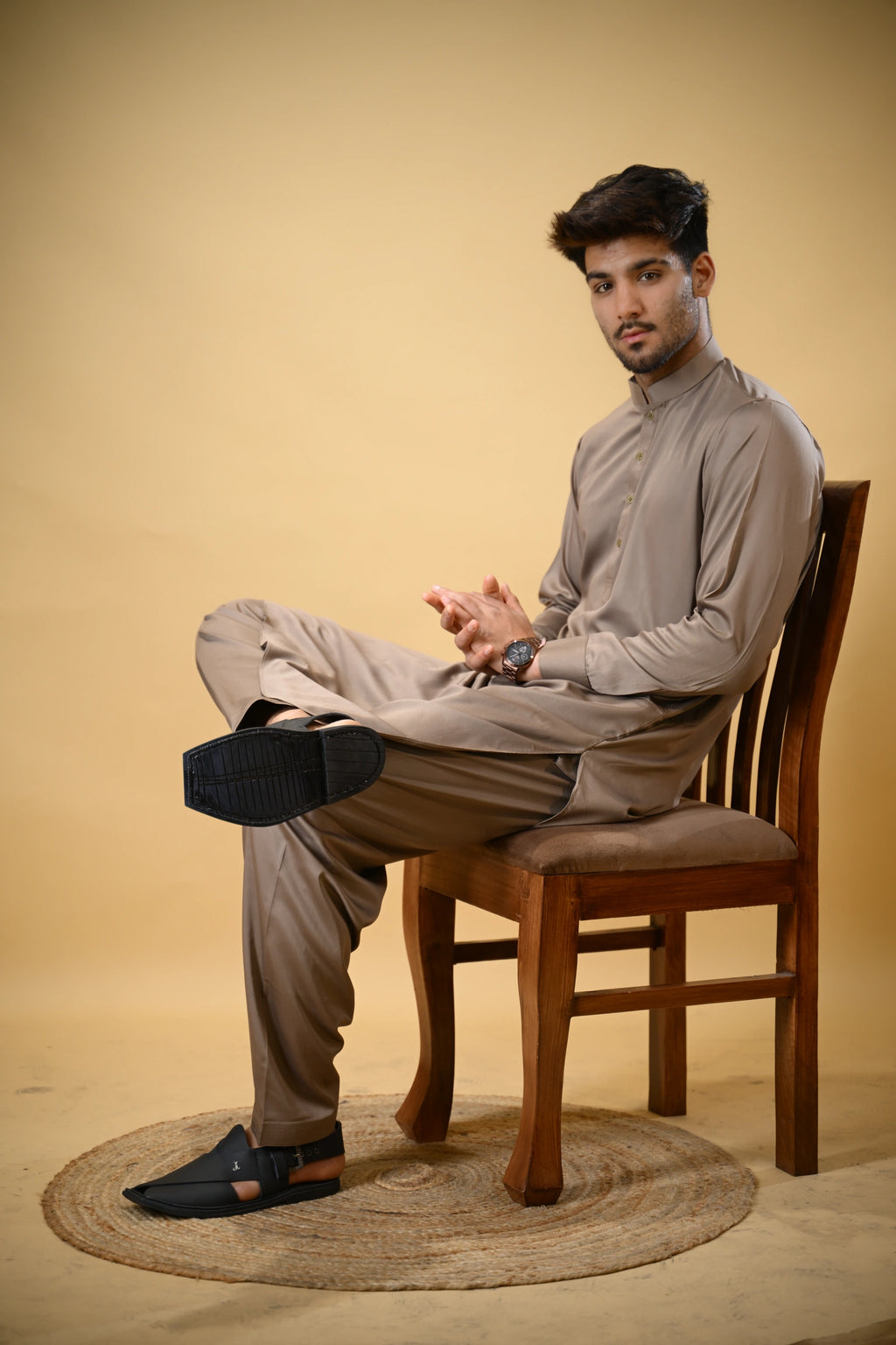 Earthy Brown Luma Mandarin Collar Kameez Shalwar