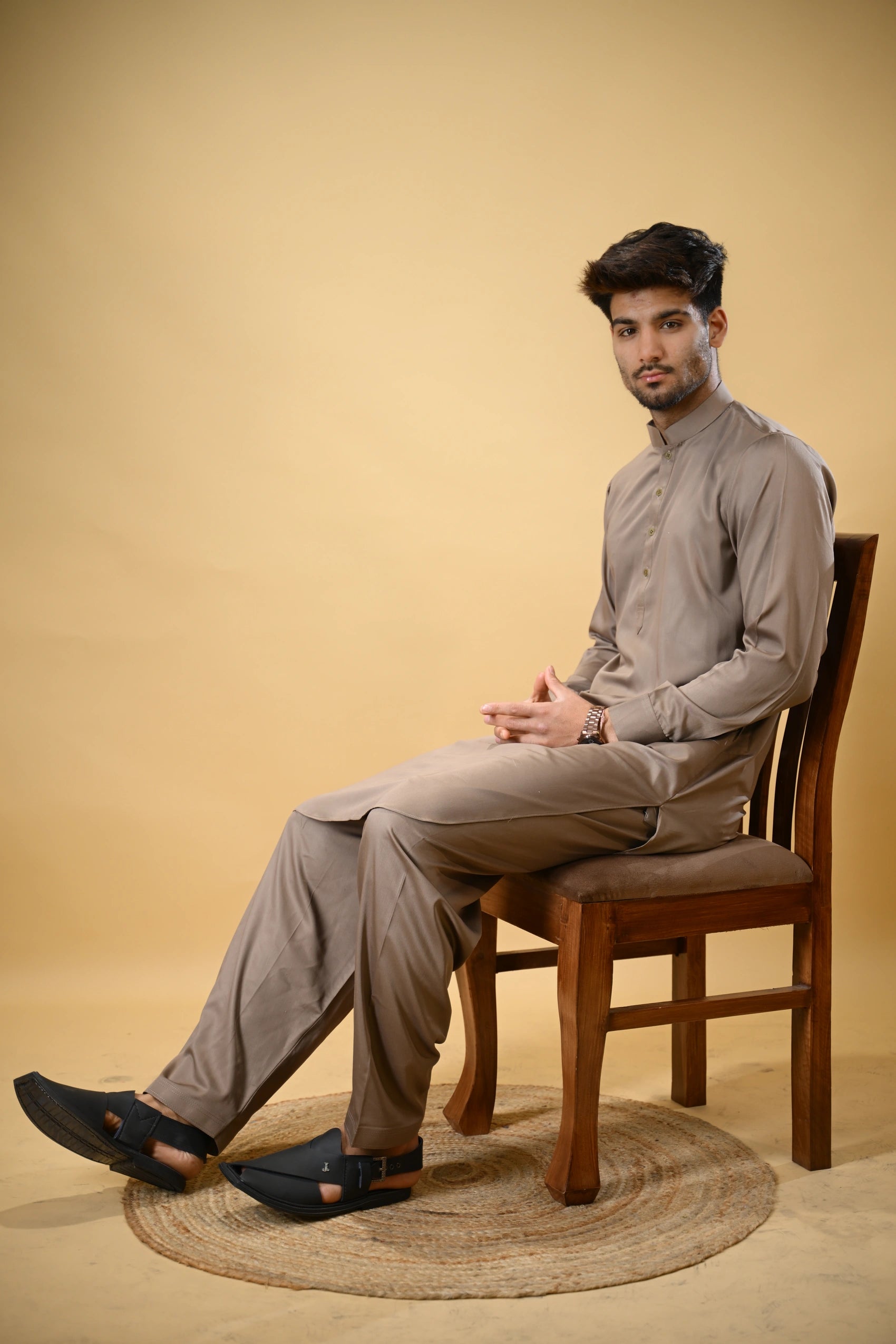Earthy Brown Luma Mandarin Collar Kameez Shalwar