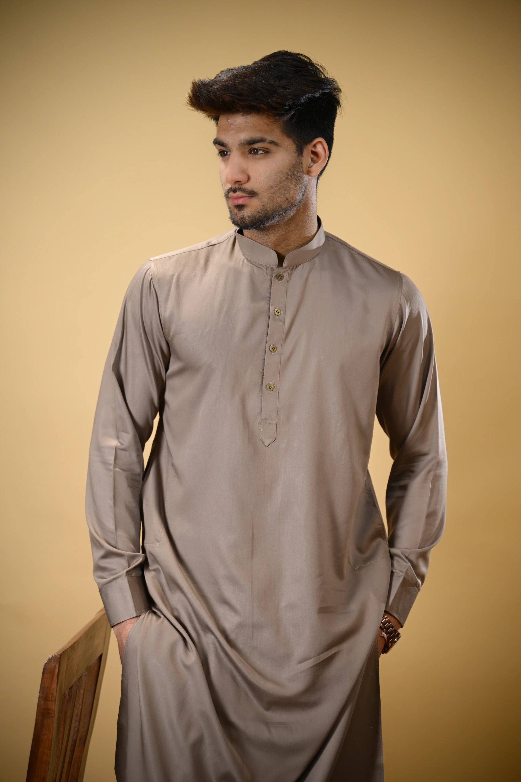 Earthy Brown Luma Mandarin Collar Kameez Shalwar