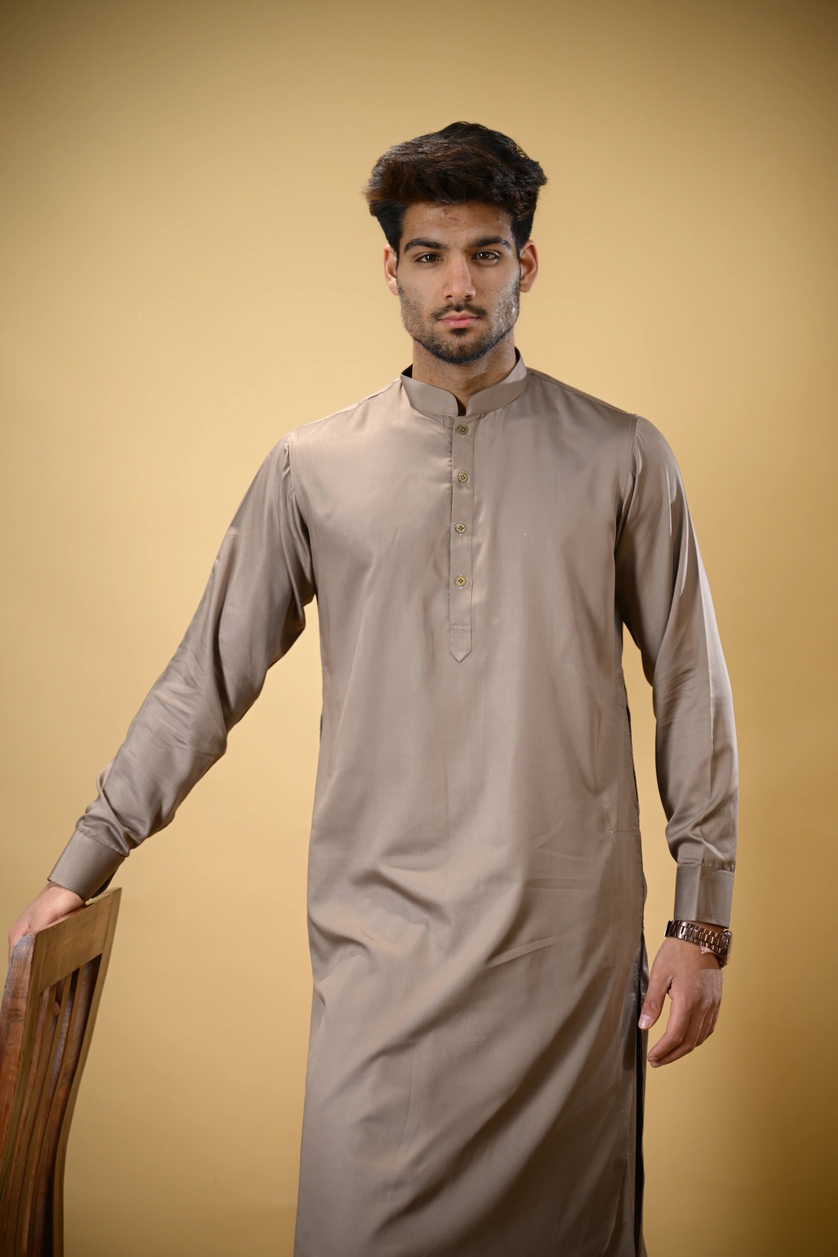 Earthy Brown Luma Mandarin Collar Kameez Shalwar