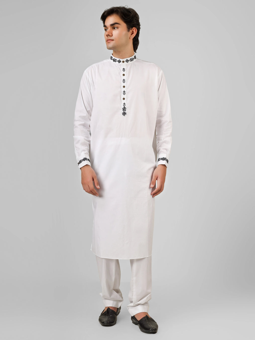 black embroidered white kurta pajama for men
