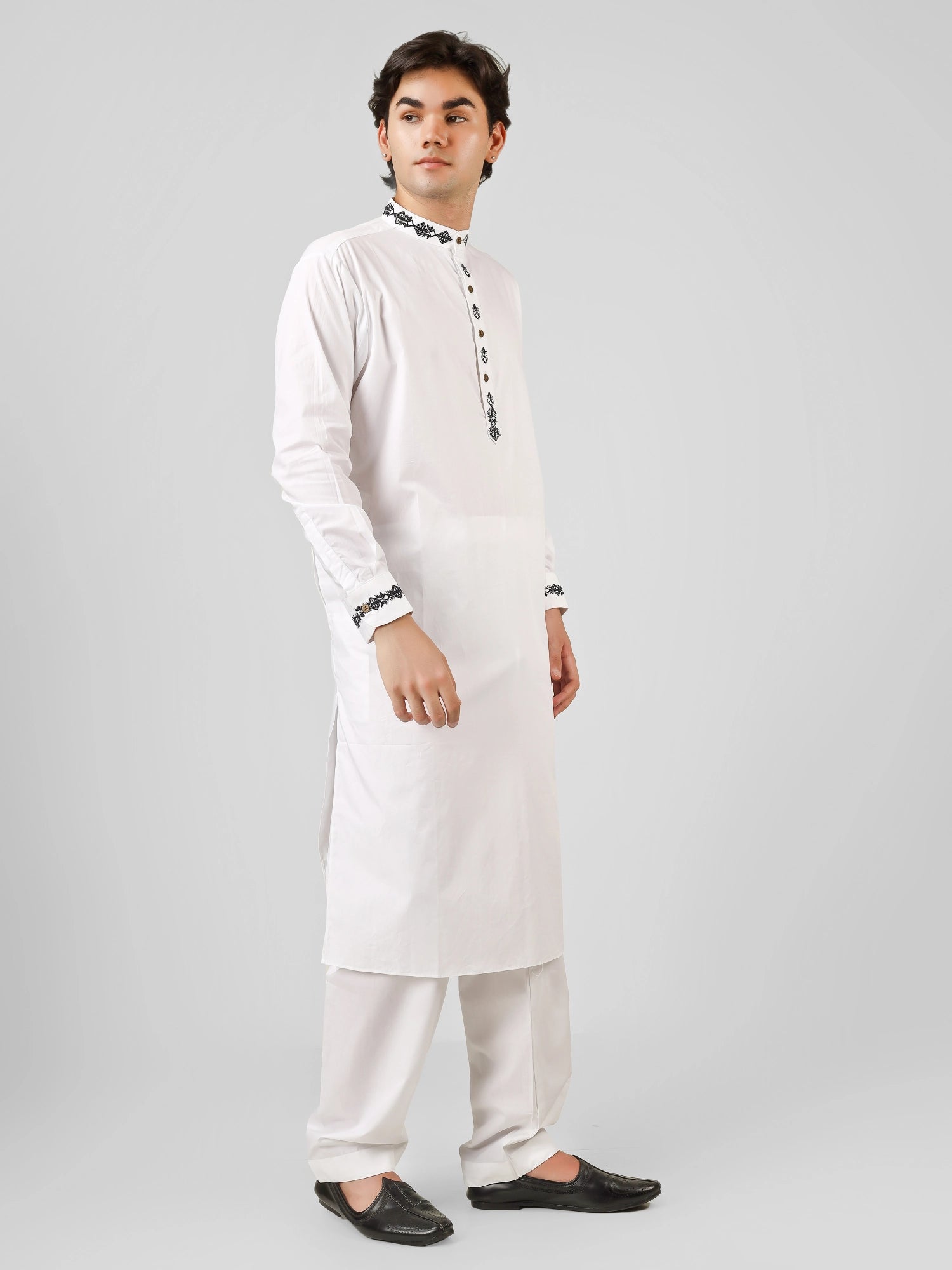 black embroidered white kurta pajama for men