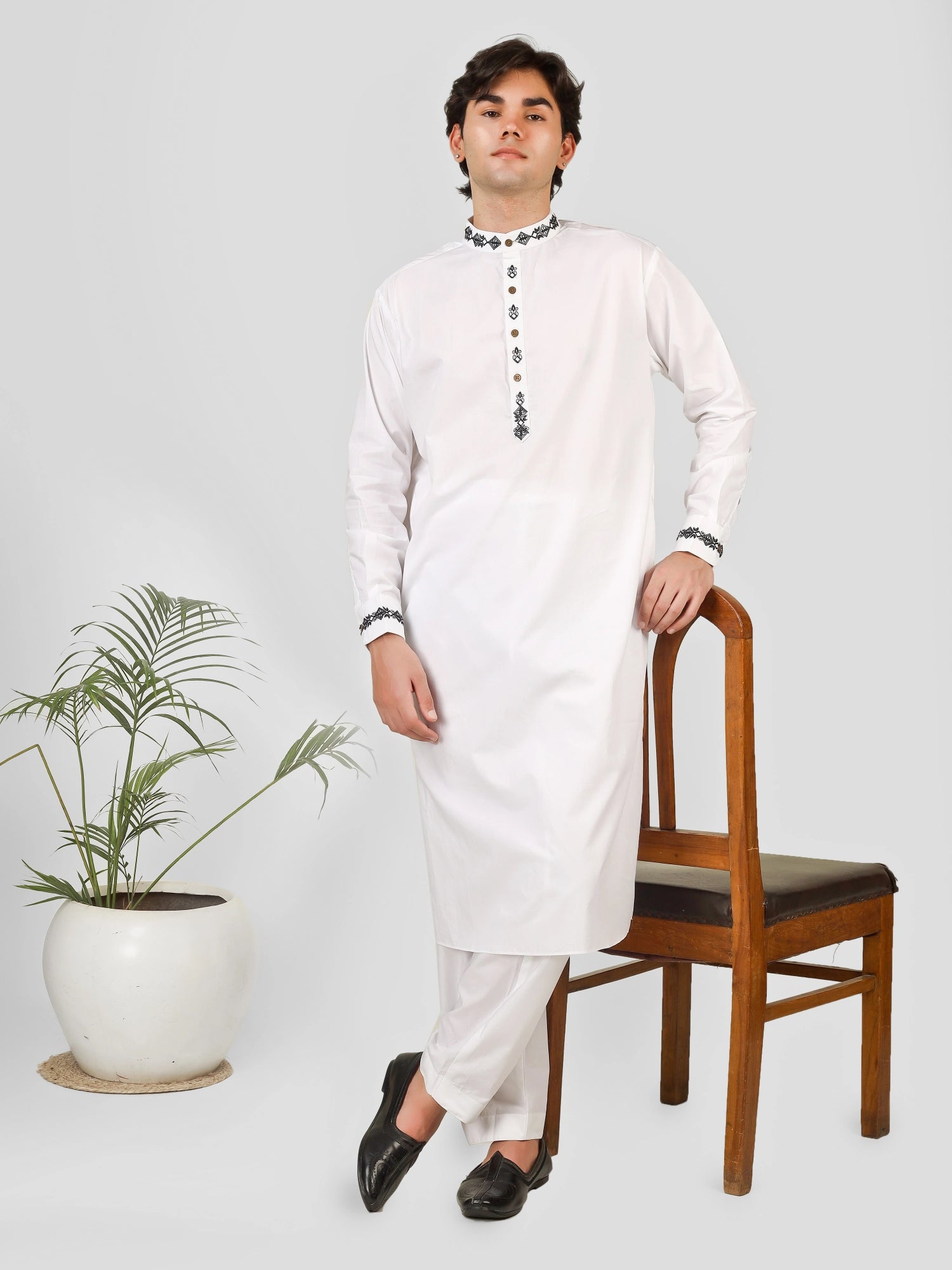 black embroidered white kurta pajama for men