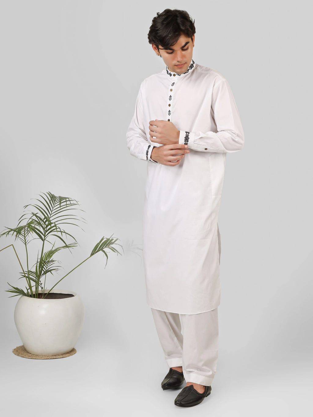 black embroidered white kurta pajama for men