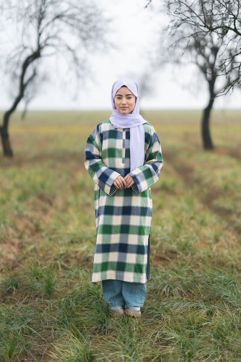 Soft Green Checked kashmiri Traditional female winter Pheran
