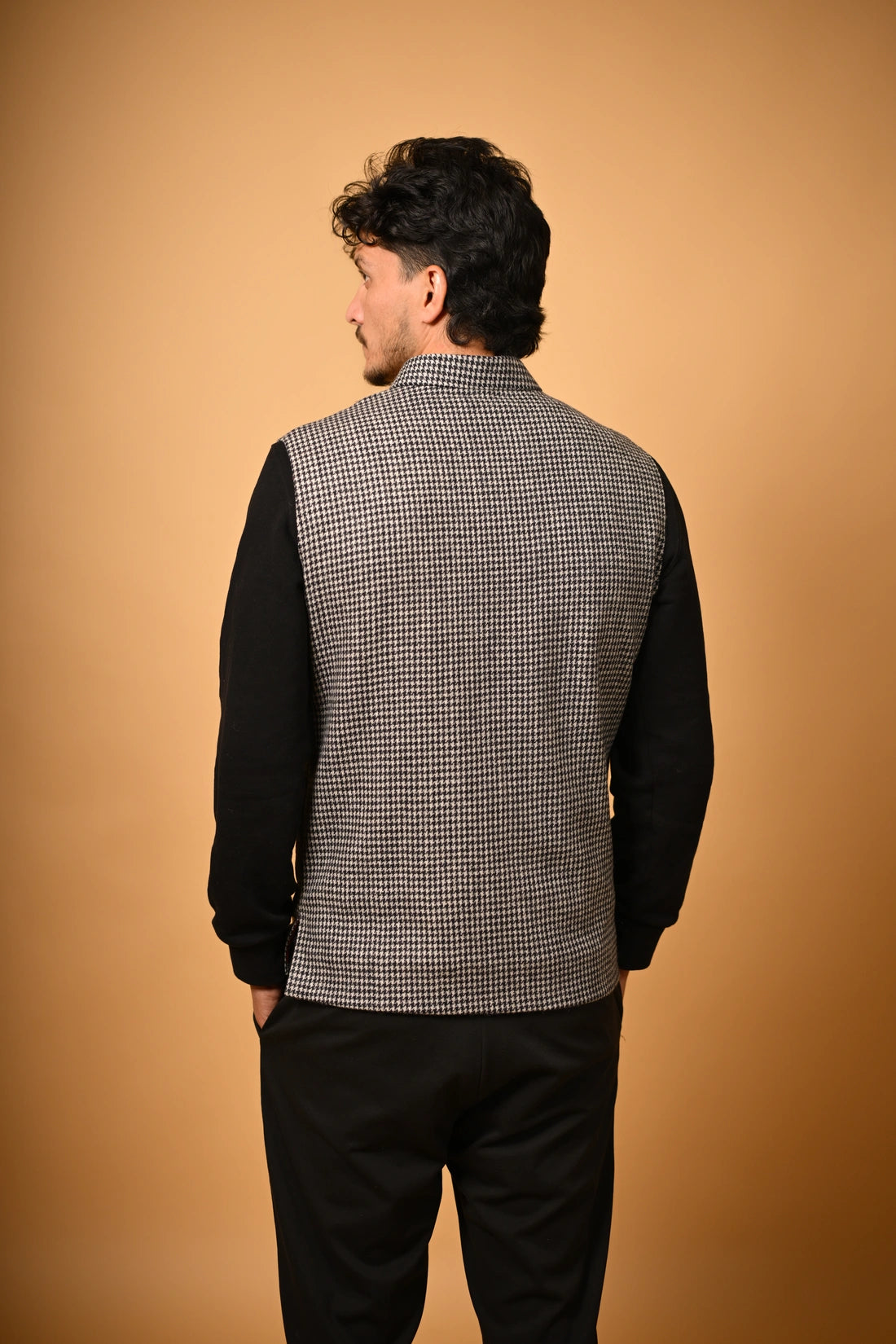 Grey With Black Mini Houndstooth Woollen Waistcoat for men
