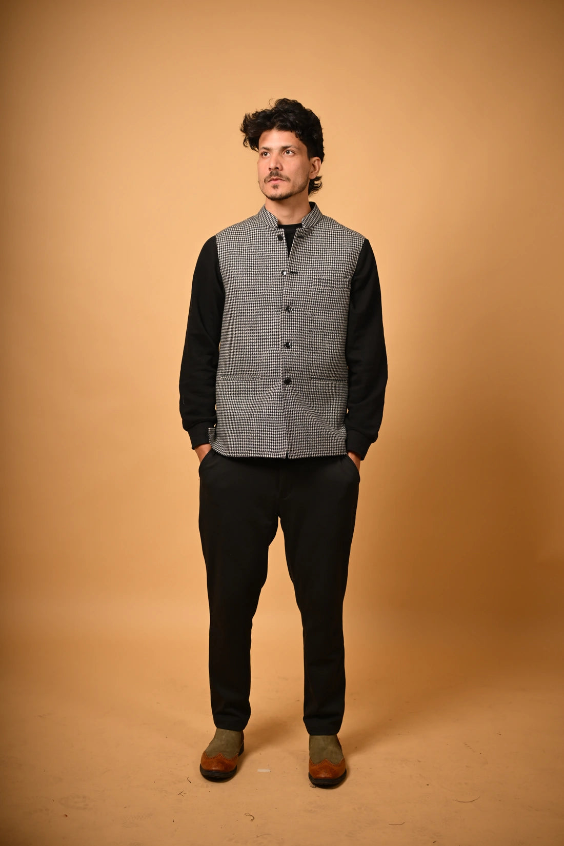Grey With Black Mini Houndstooth Woollen Waistcoat for men
