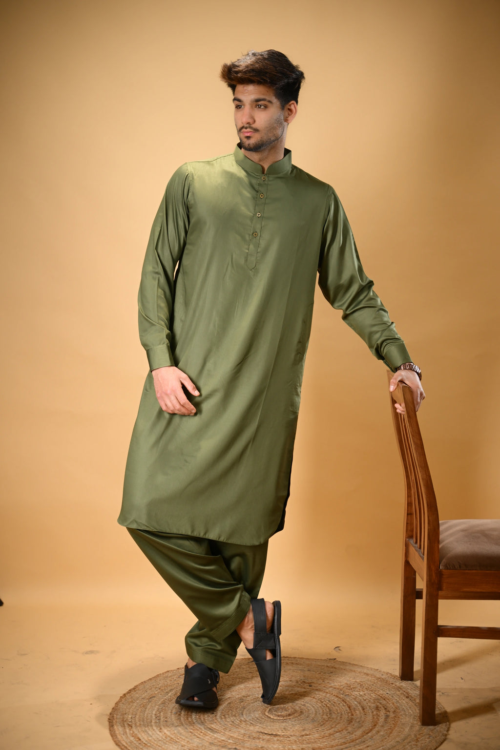 Forest Green Luma Mandarin Collar Kameez Shalwar
