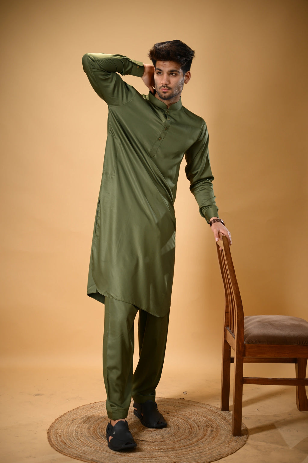 Forest Green Luma Mandarin Collar Kameez Shalwar
