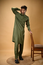 Forest Green Luma Mandarin Collar Kameez Shalwar