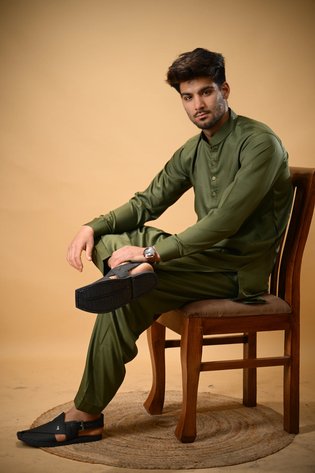 Forest Green Luma Mandarin Collar Kameez Shalwar