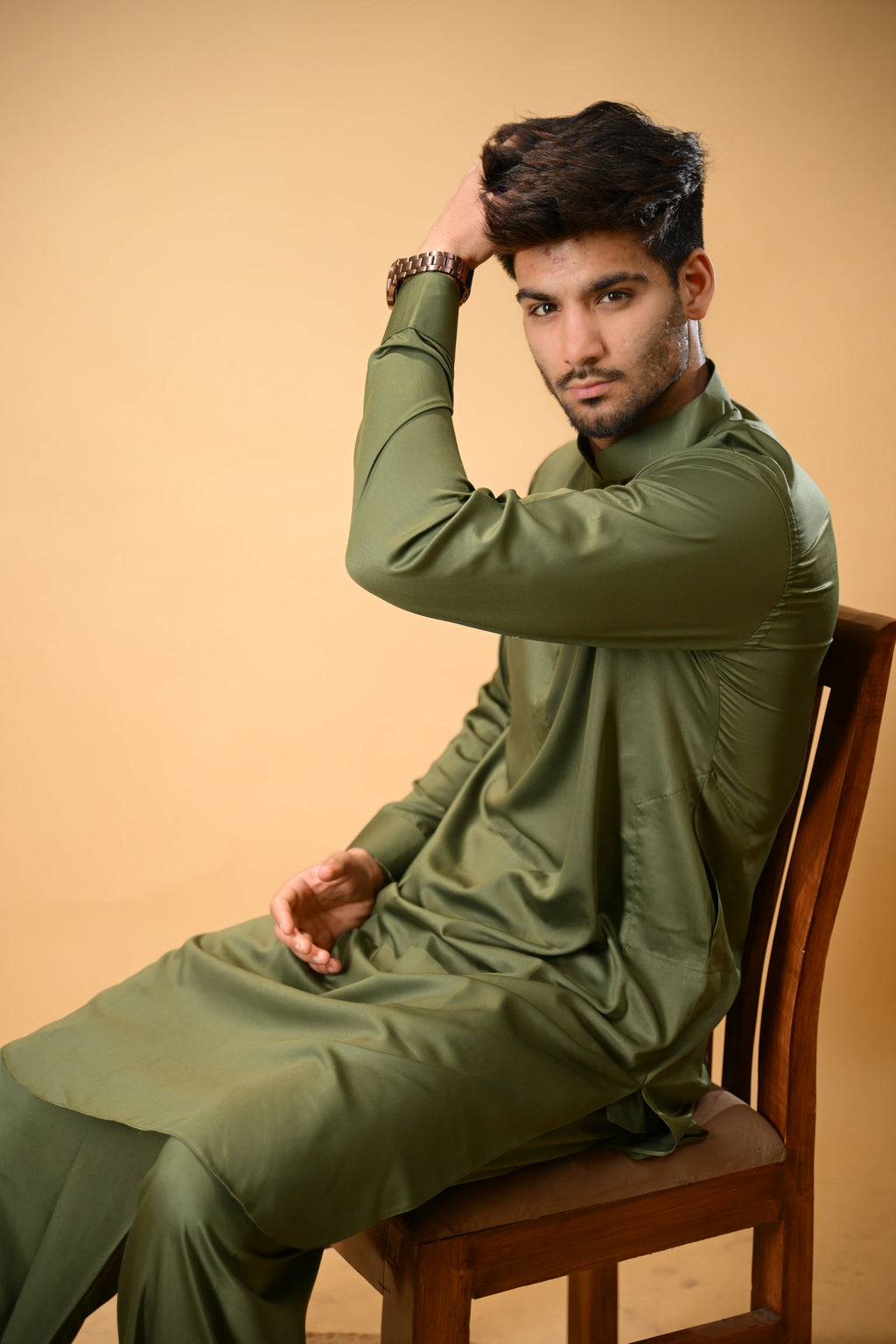 Forest Green Luma Mandarin Collar Kameez Shalwar