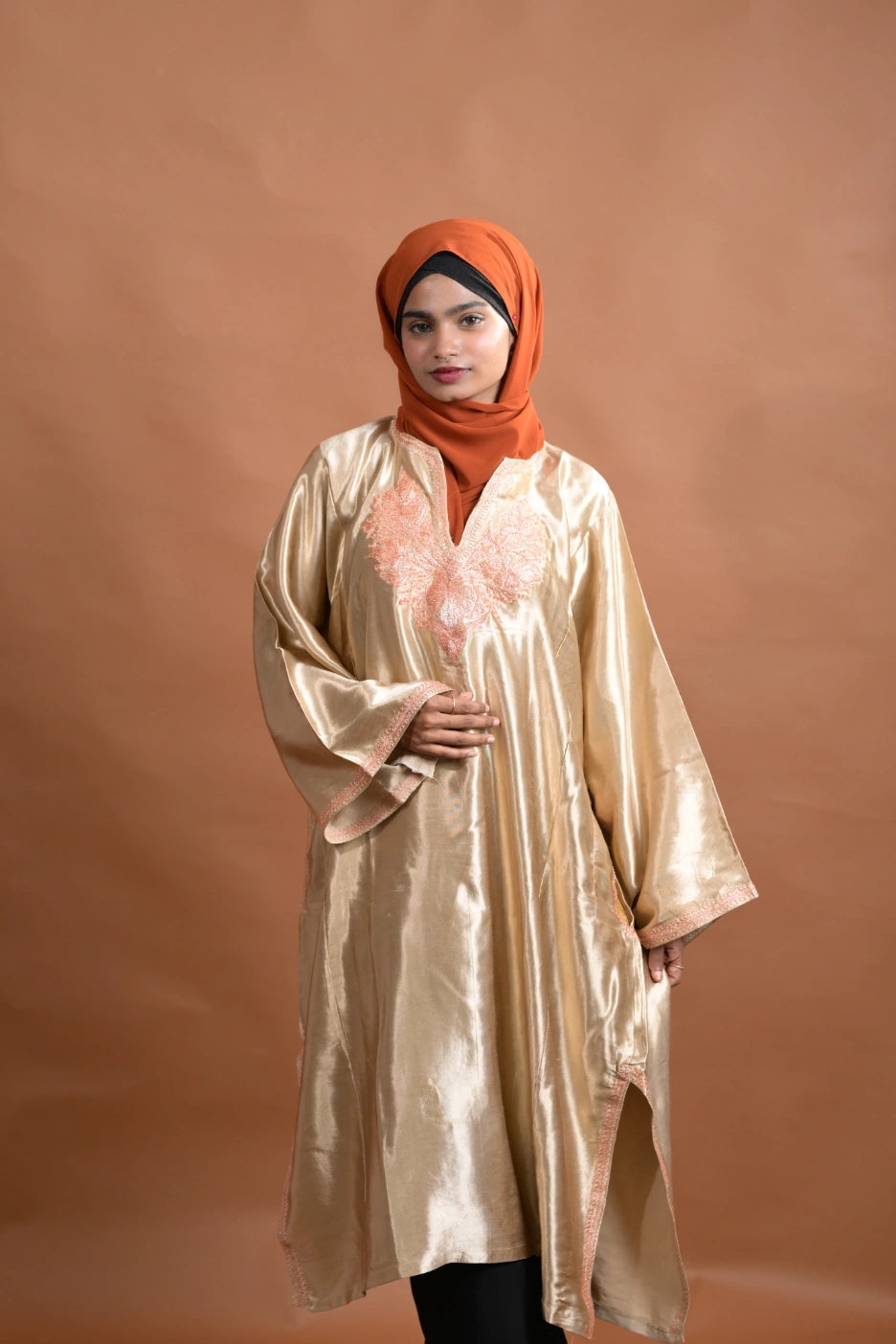 baraqah female golden silk kashmiri traditional pheran for women