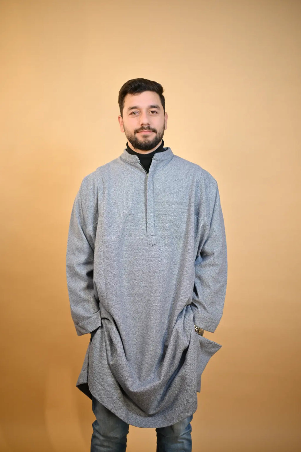 baraqah grey dotted winter pheran for men 