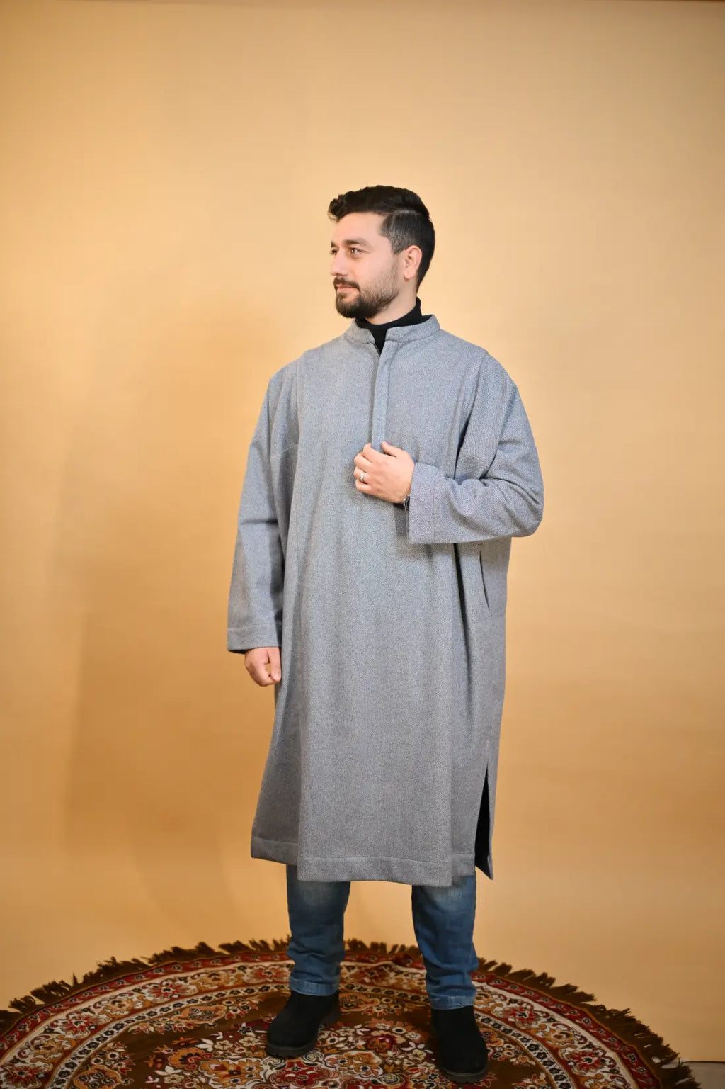 baraqah grey dotted winter pheran for men 