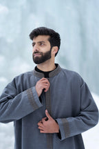 baraqah grey embrioded winter overcoat for men 