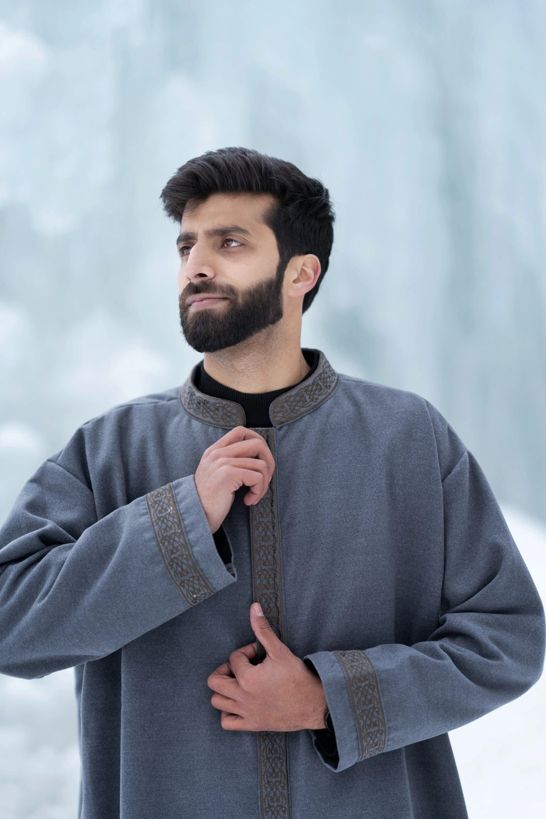 baraqah grey embrioded winter overcoat for men 