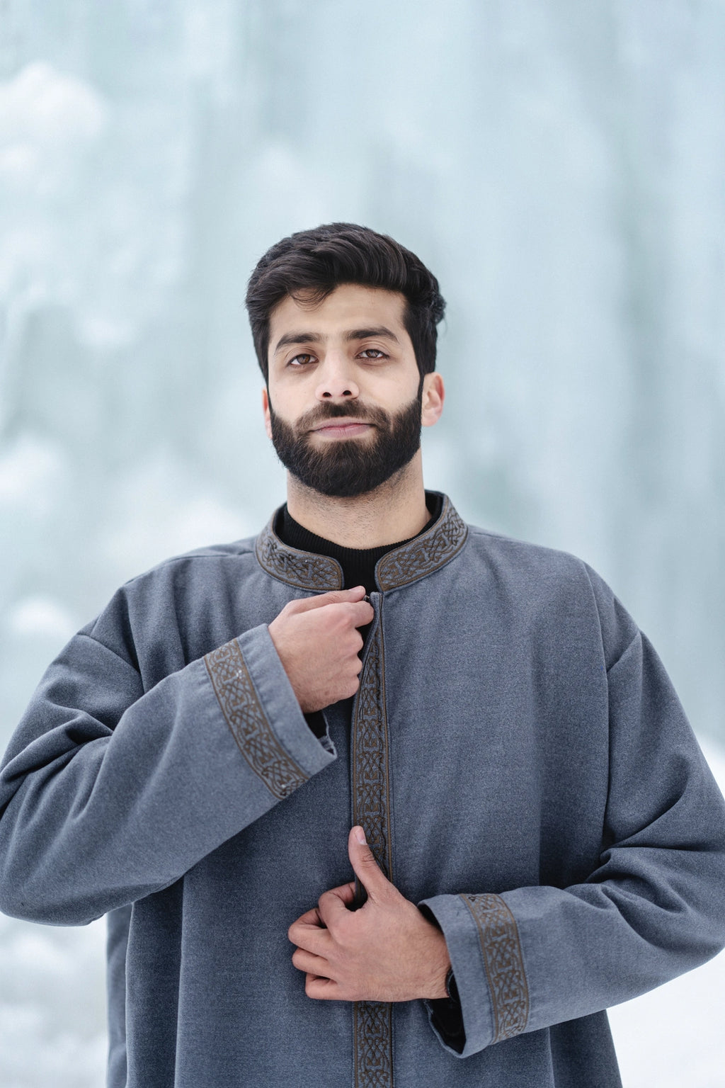 baraqah grey embrioded winter overcoat for men 